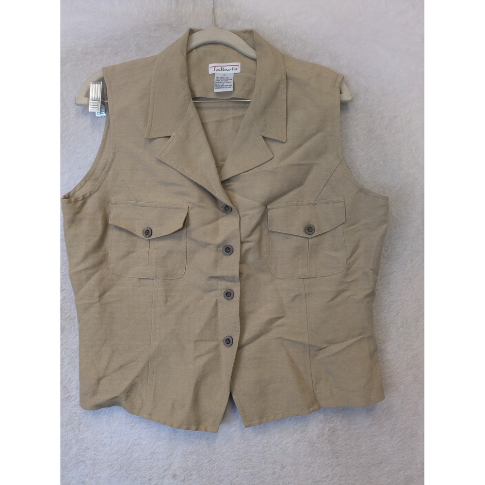 Talbots Safari Vest Women's Size M Tan Linen Blend Button Front Utility Pockets